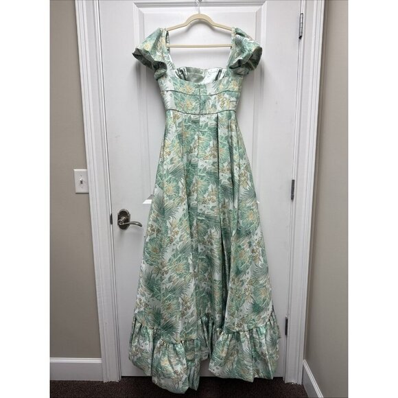 MAC DUGGAL Size 4 Green Floral Brocade 68276 Puff Sleeve High Low Gown Dress New - Picture 8 of 12
